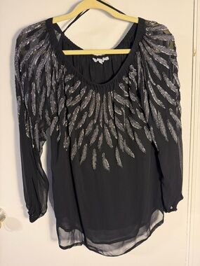 Karina Grimaldi Black Blouse with Silver Beaded Feather Motif Large